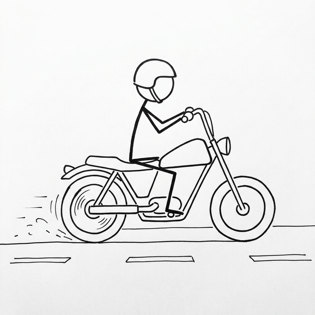 Black and white line drawing of a helmeted rider on a motorcycle moving on a road.